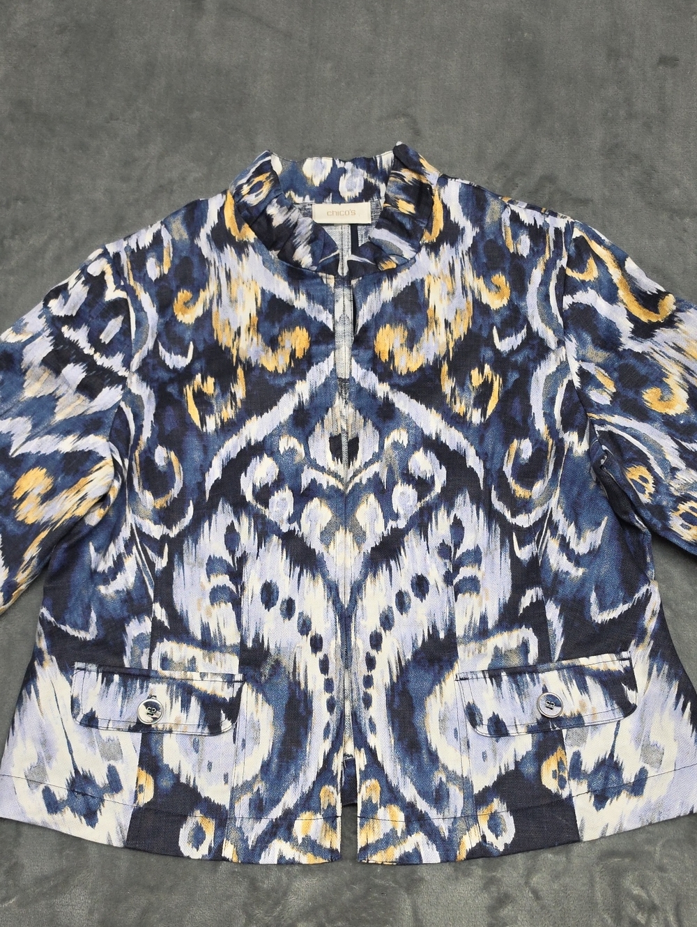 Chico's Ikat-Print Shirt Jacket in Blue, White & Yellow Linen 1 Small